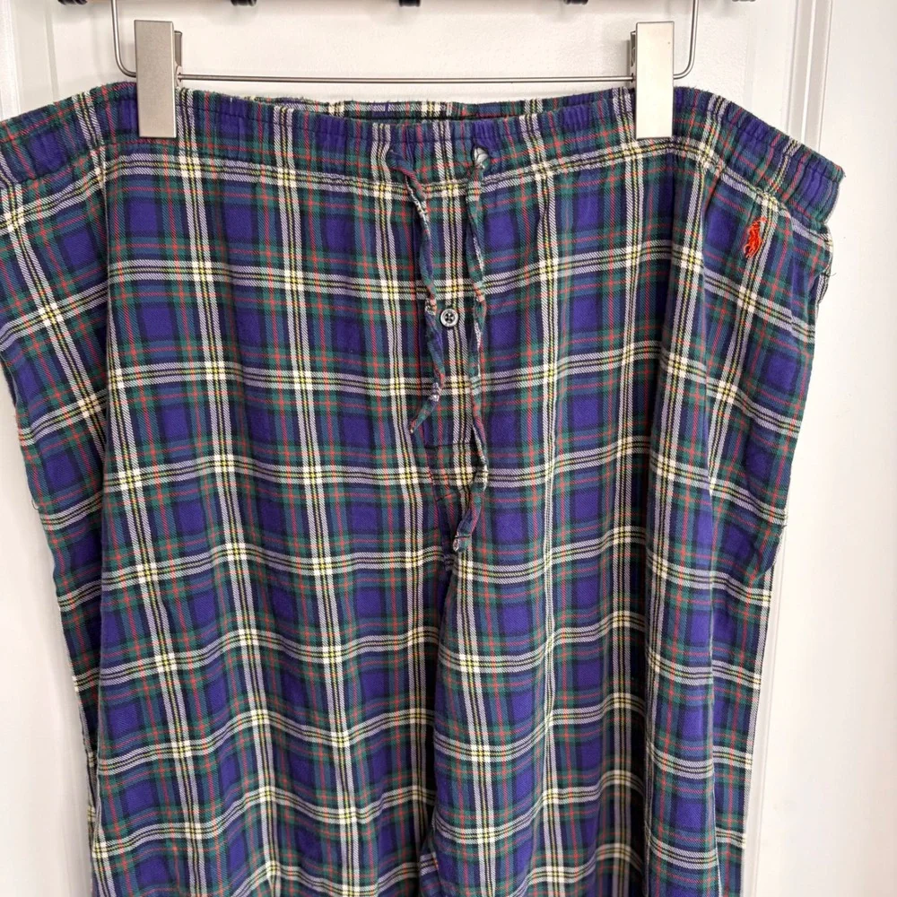 Polo Ralph Lauren Plaid Pajama Lounge Pants Mens Large Purple Green Cotton -Flaw